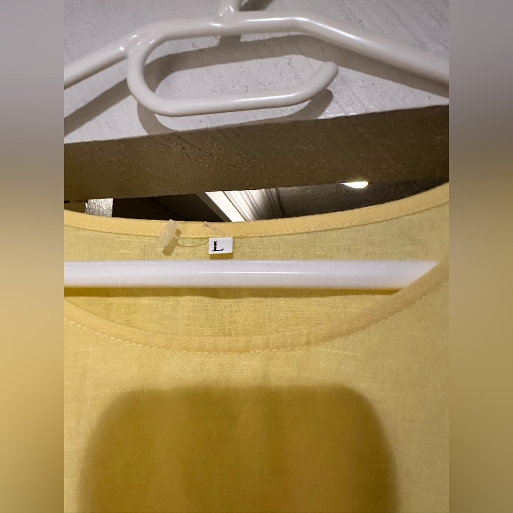 Vintage Handmade Linen Cotton Blend Midi Dress butter Yellow Cottagecore Size L - Picture 9 of 14